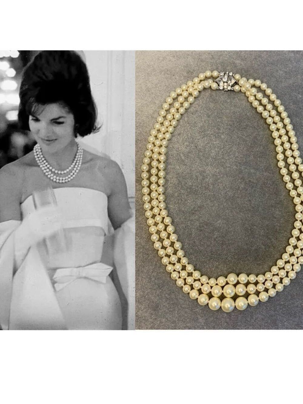 JACKIE kennedy inspired triple layered strand faux pearl rhinestone necklace